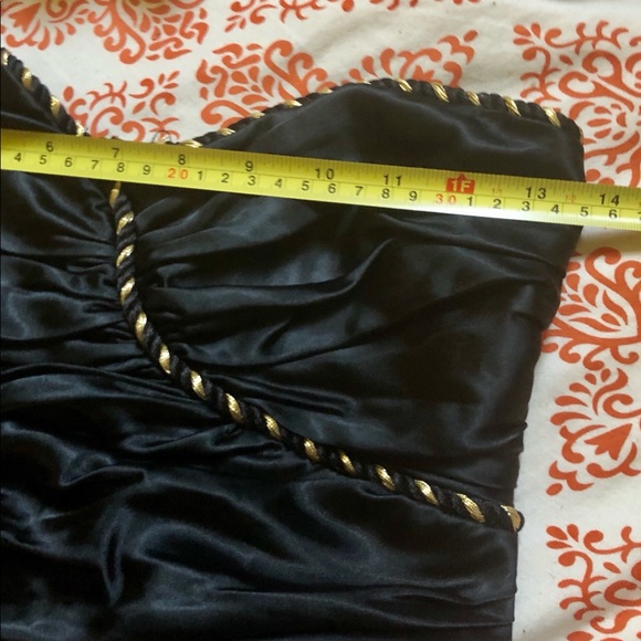 Vtg 80s black satin strapless dress XXS gold bow - Picture 6 of 7